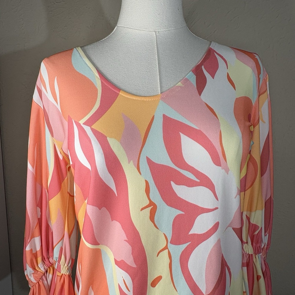NWT Julian Chang Women Sz S Neon Sherbet Cinch Sleeve Abstract Print Blouse Top - Picture 4 of 10